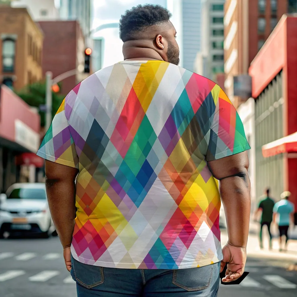 Men's Colorful Geometric Rhombus Crew Neck Casual T-Shirt 2401000041