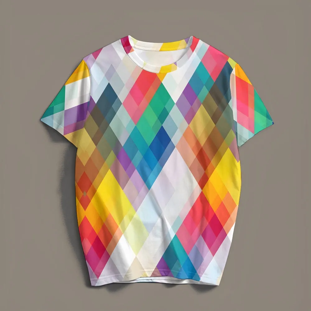 Men's Colorful Geometric Rhombus Crew Neck Casual T-Shirt 2401000041