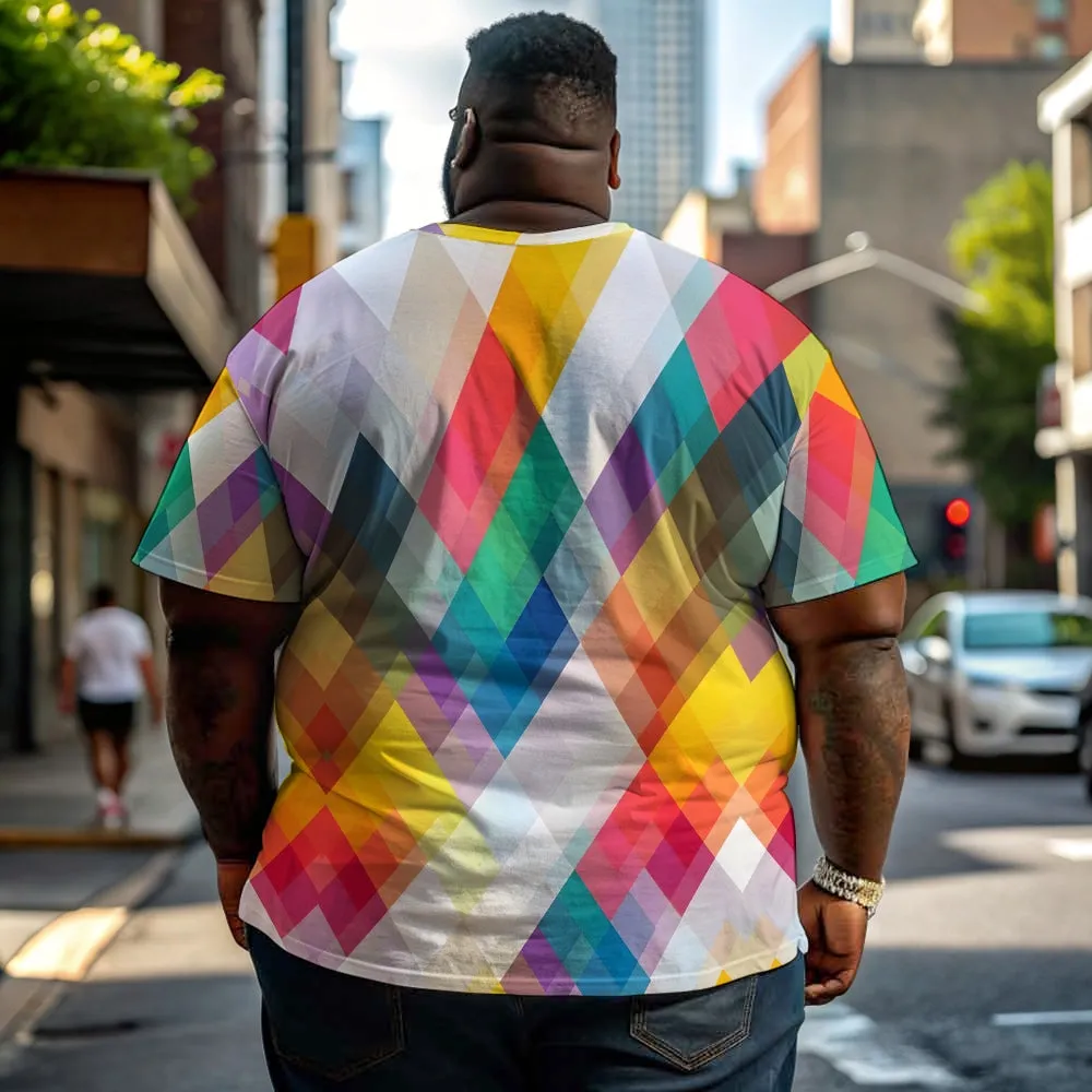 Men's Colorful Geometric Rhombus Crew Neck Casual T-Shirt 2401000041