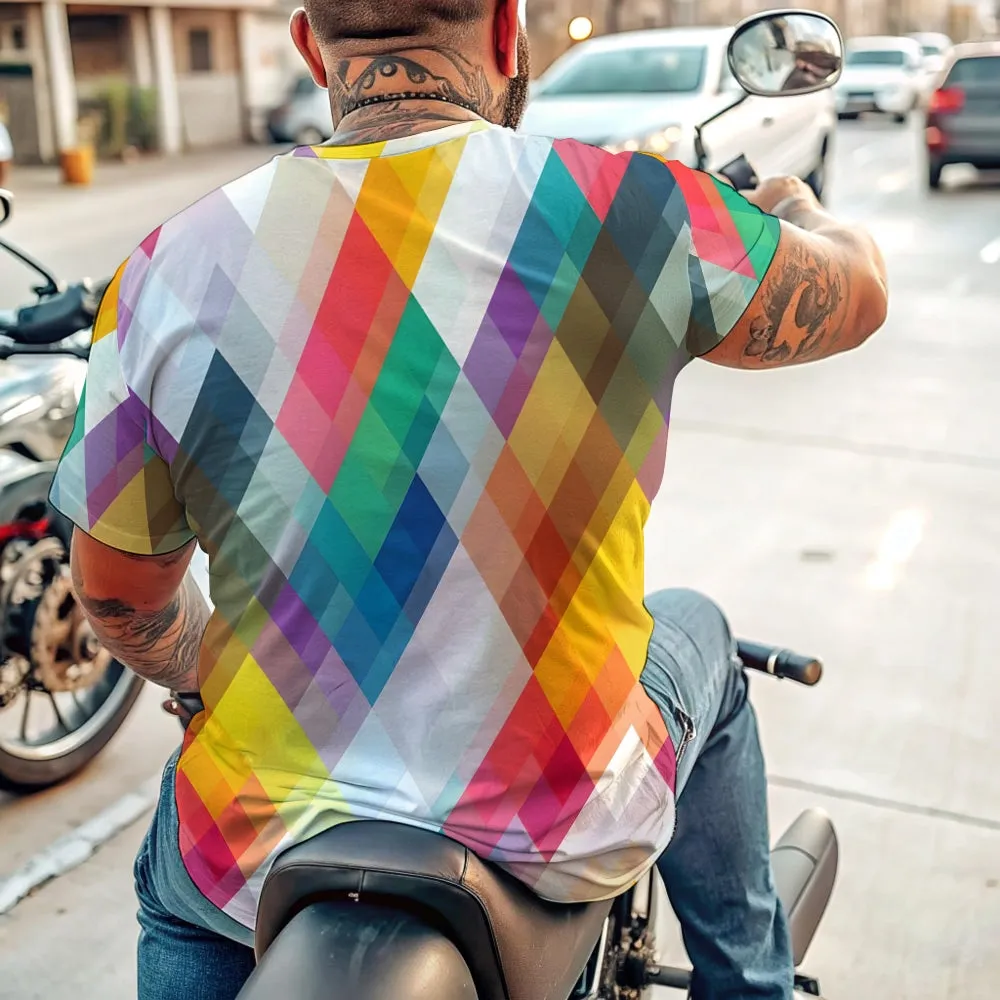 Men's Colorful Geometric Rhombus Crew Neck Casual T-Shirt 2401000041