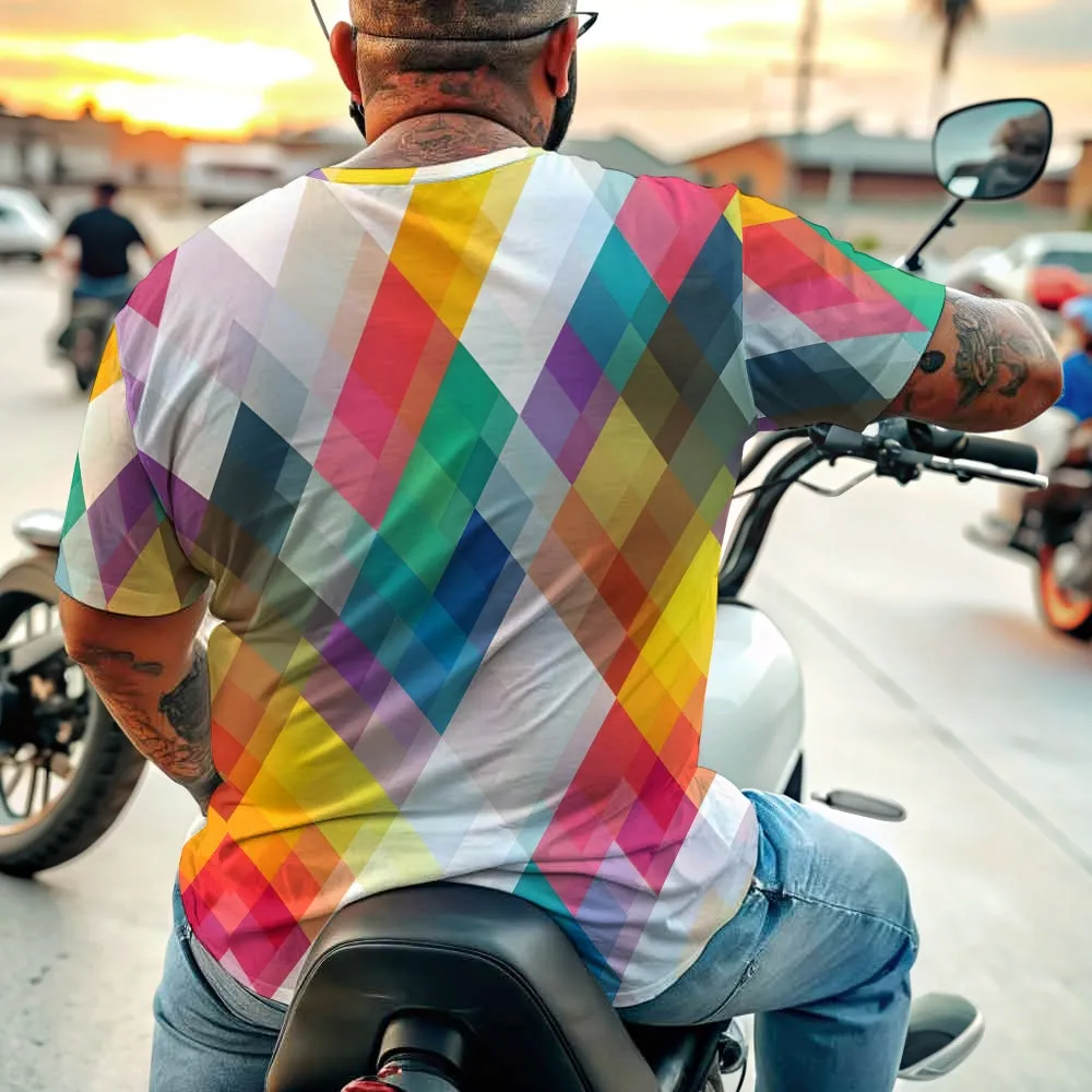 Men's Colorful Geometric Rhombus Crew Neck Casual T-Shirt 2401000041