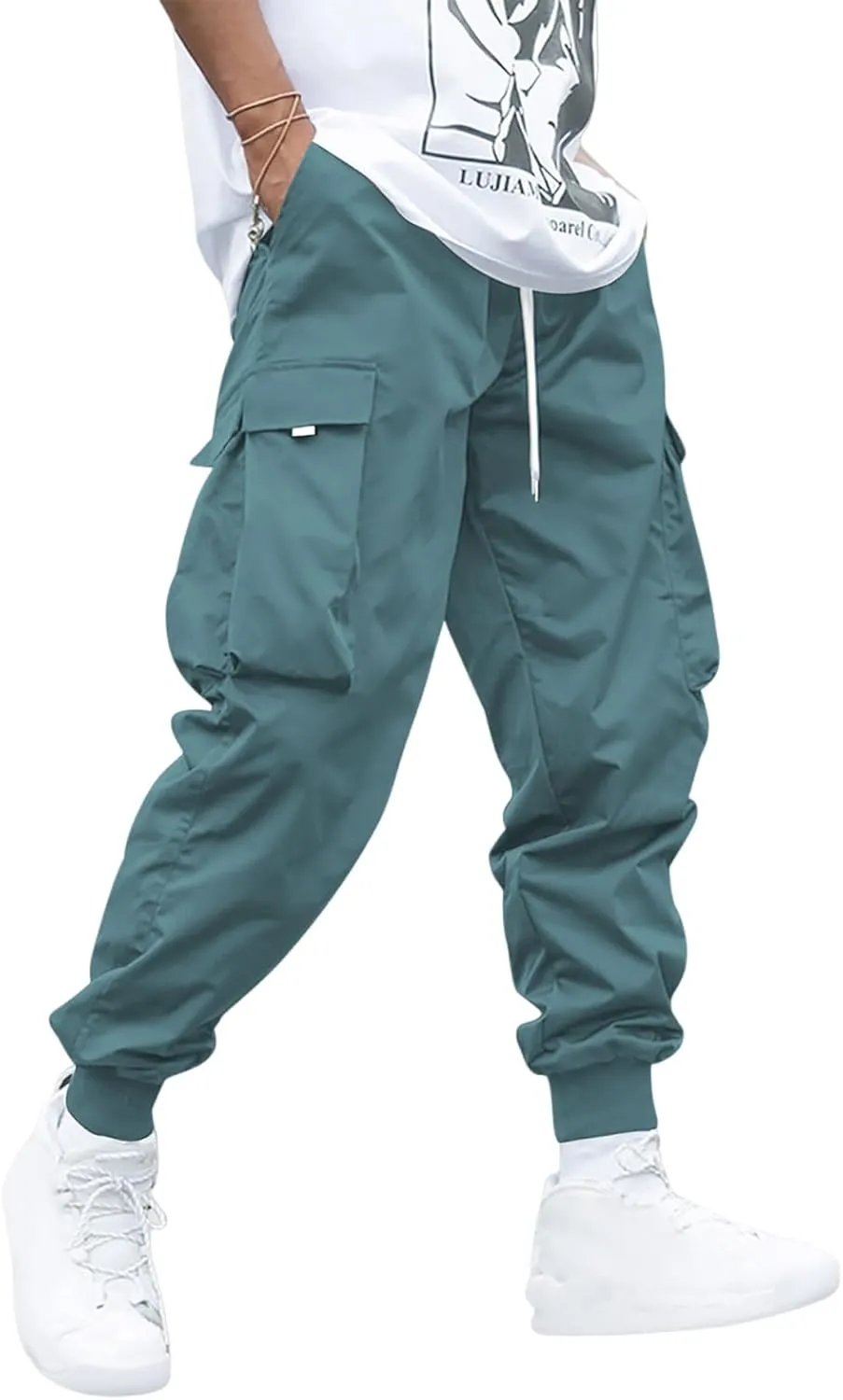 Men's Drawstring Tech wear Cargo Pants with Flap Pockets