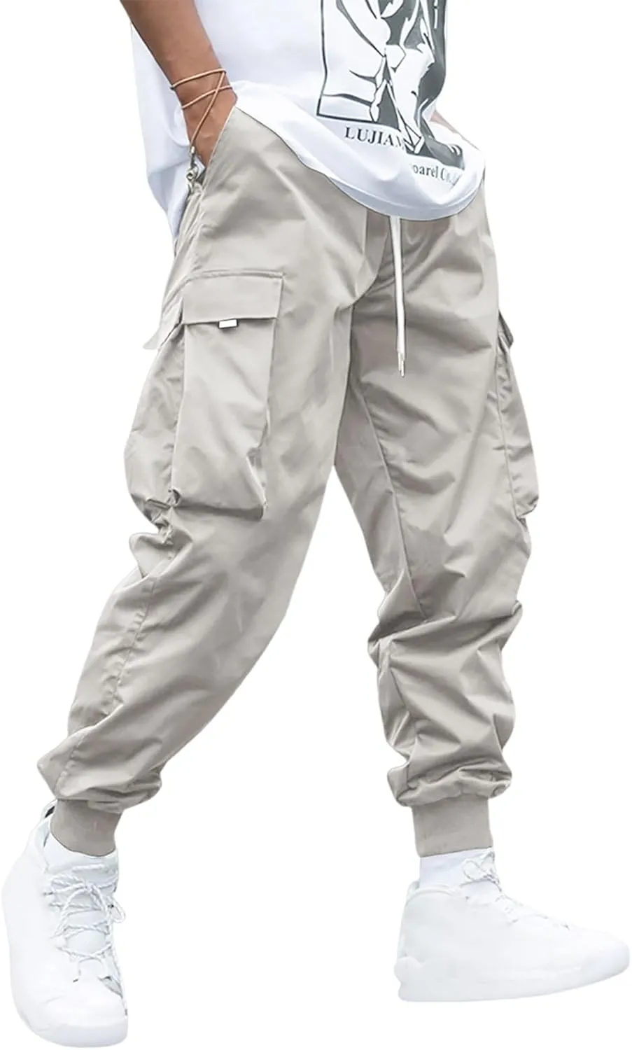 Men's Drawstring Tech wear Cargo Pants with Flap Pockets