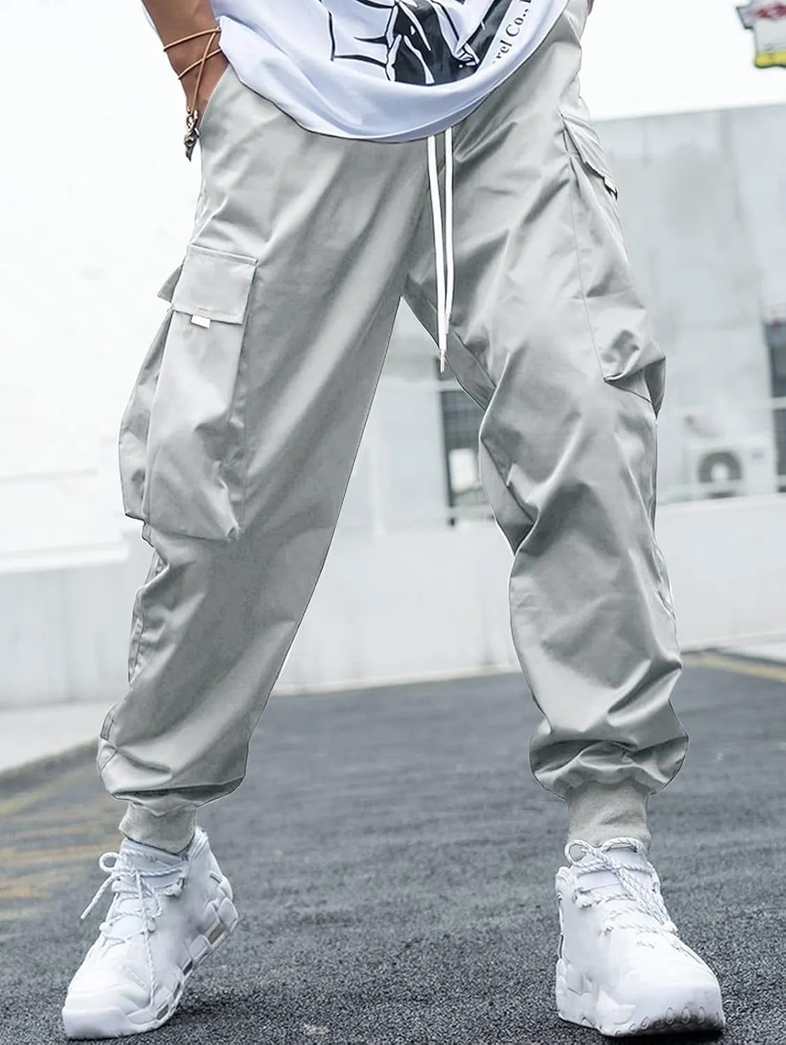 Men's Drawstring Tech wear Cargo Pants with Flap Pockets