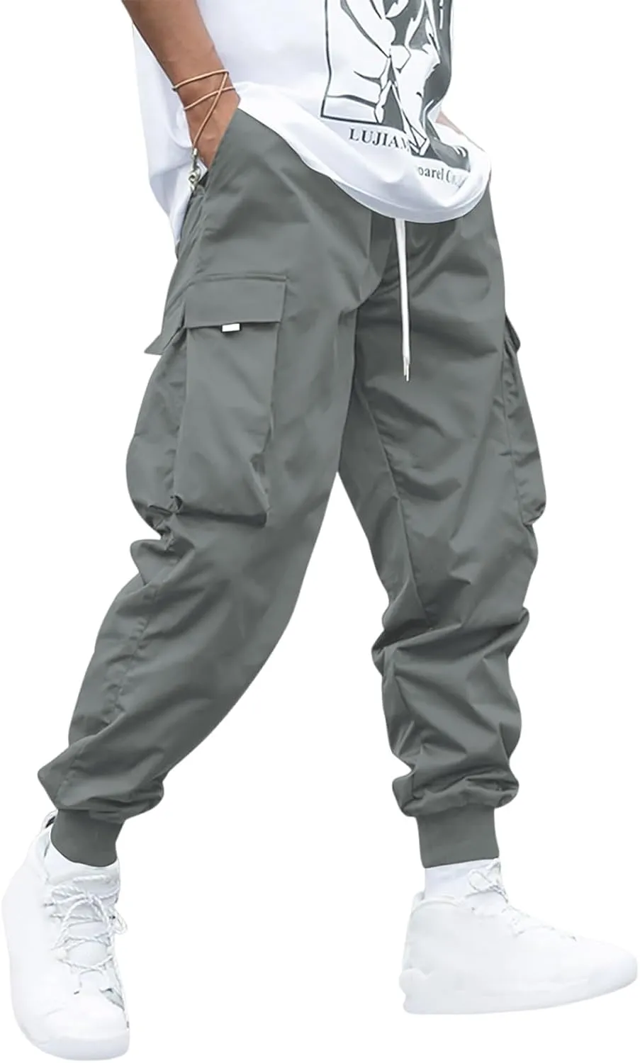 Men's Drawstring Tech wear Cargo Pants with Flap Pockets