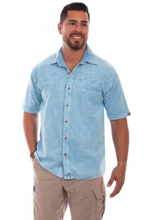 Men's Farthest Point Collection Shirt: Short Sleeve Palm Trees Blue