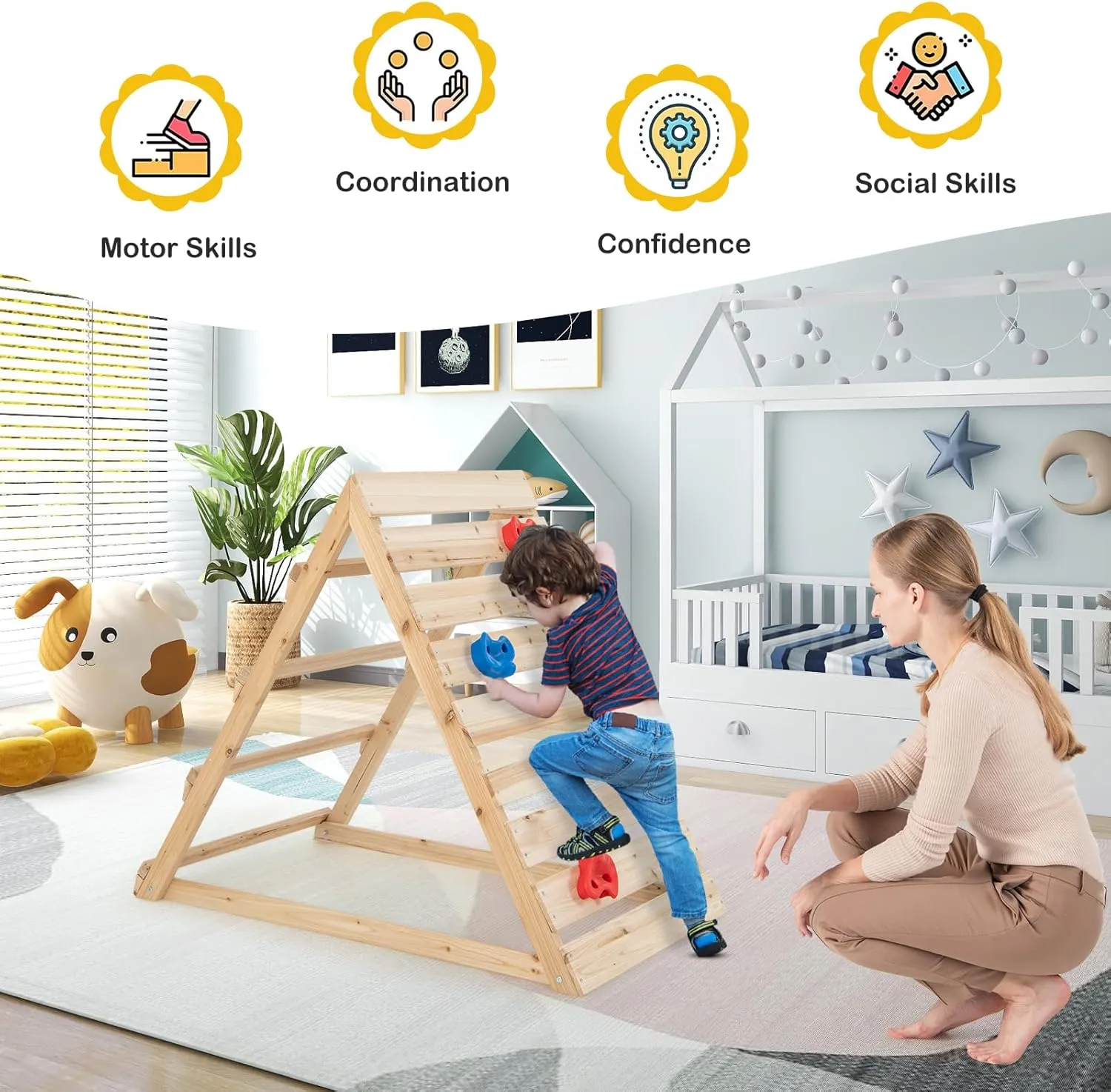 Montessori Climbing Frame | Pikler Triangle | Eco Wooden Toddler Climbing Wall & Den | 3-8 Years