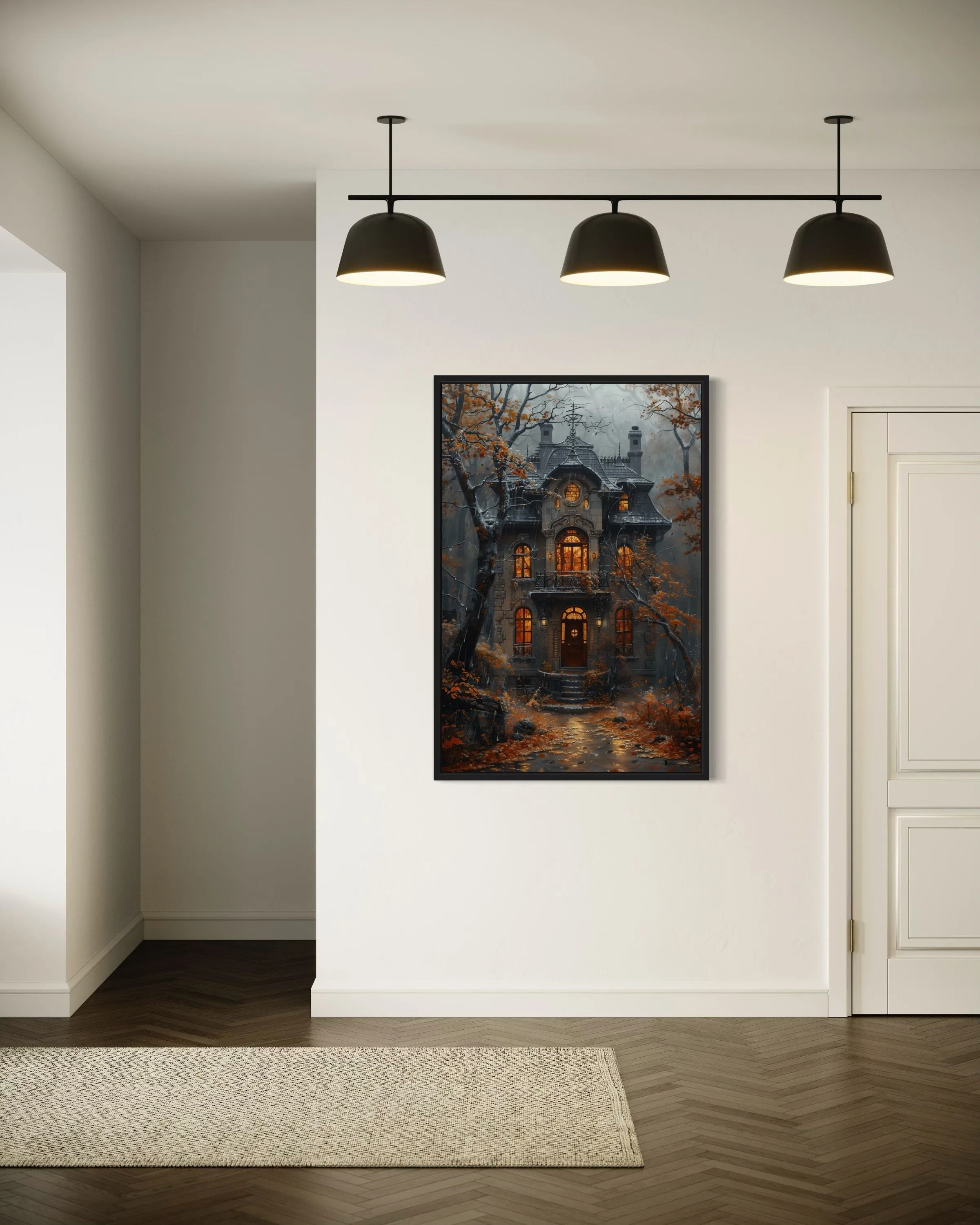 Moody Victorian House In Autumn under Rain Framed Canvas Wall Art