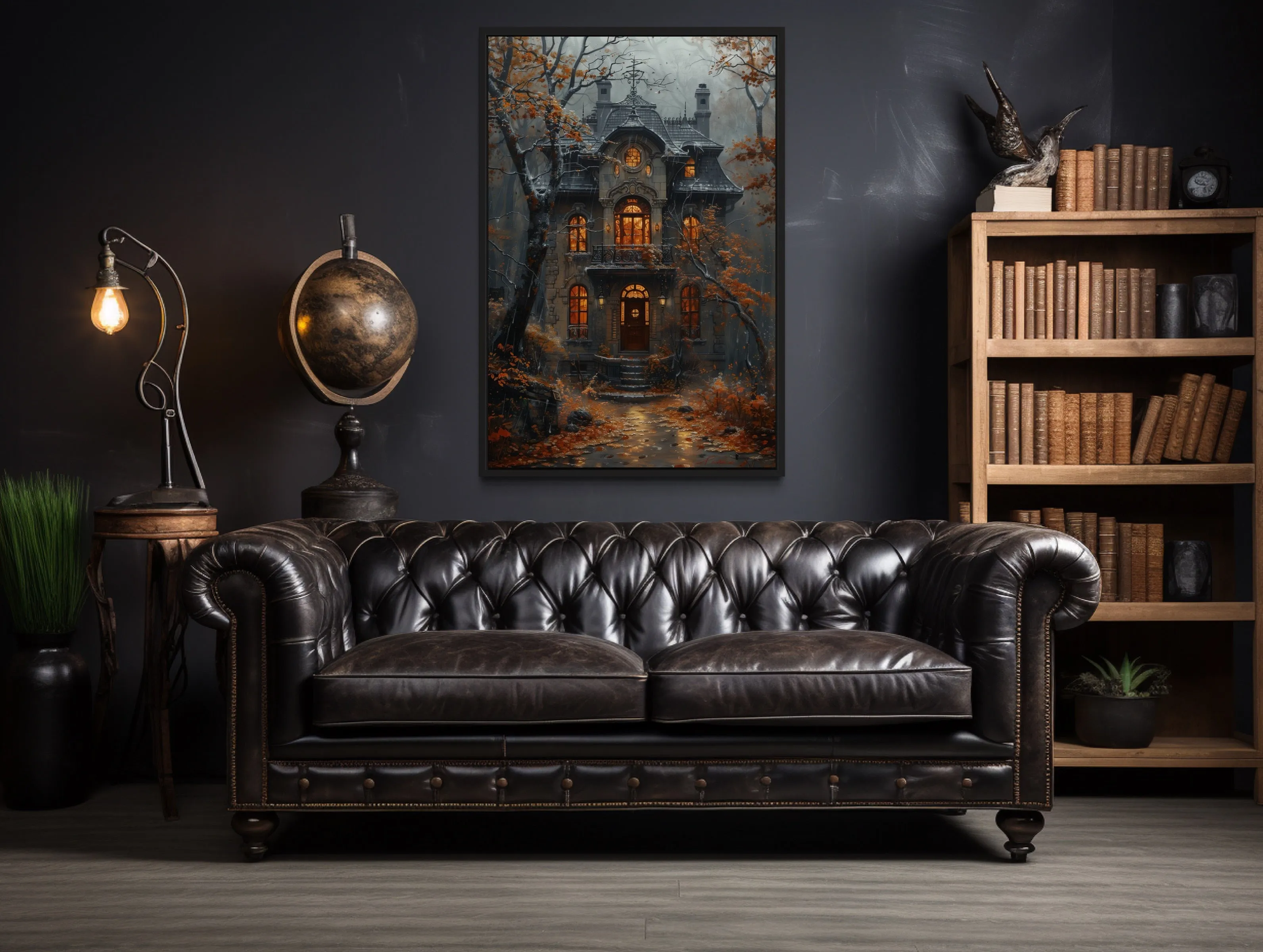 Moody Victorian House In Autumn under Rain Framed Canvas Wall Art