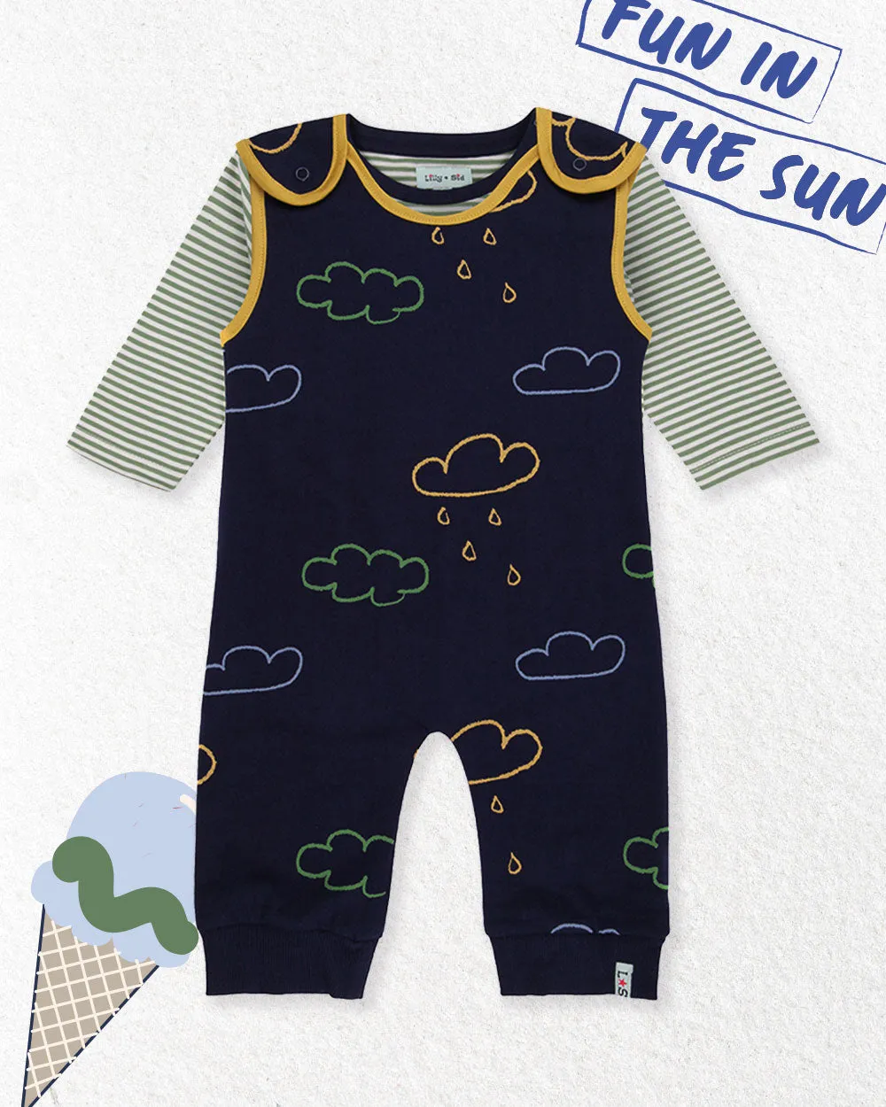 Multicoloured Weather Print Top And Dungarees Set