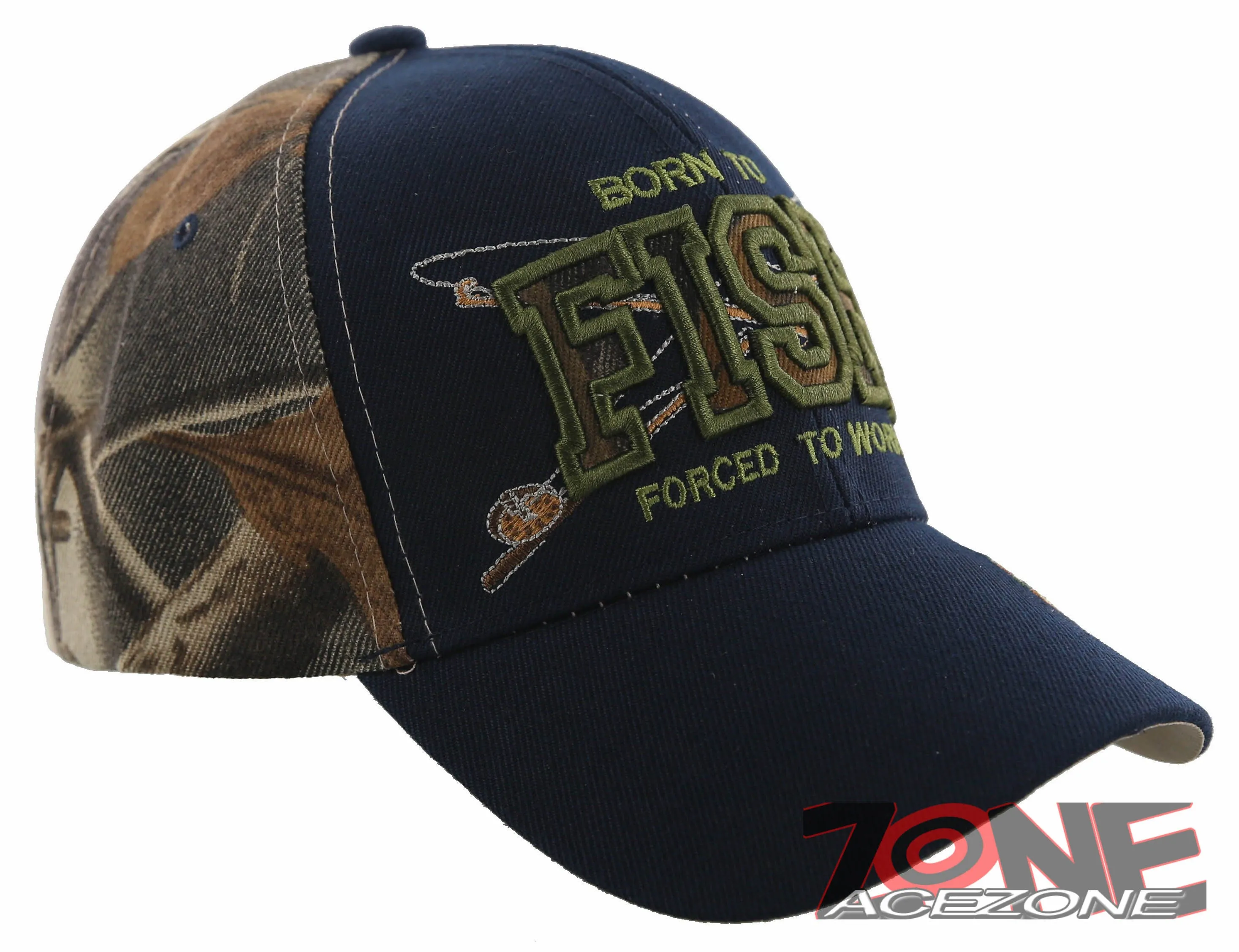 NEW! BORN TO FISH FORCED TO WORK OUTDOOR SPORT FISHING CAP HAT NAVY