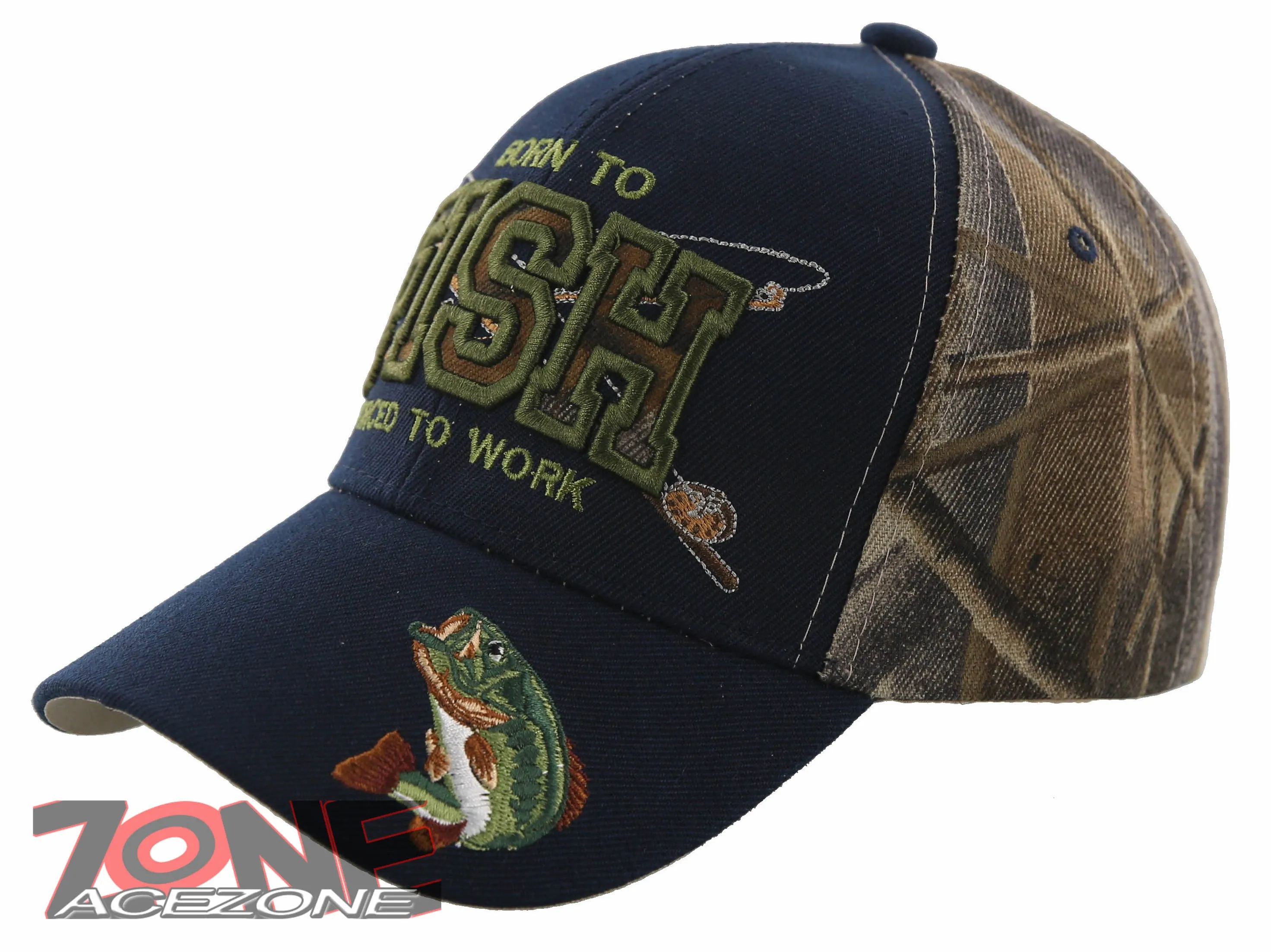NEW! BORN TO FISH FORCED TO WORK OUTDOOR SPORT FISHING CAP HAT NAVY