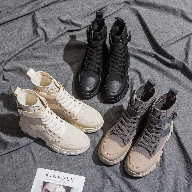 New Women Girl Martin Snow Boots Boots Korean British Style Woman Leather Sneakers Casual High Top Women's Boot Trend A112