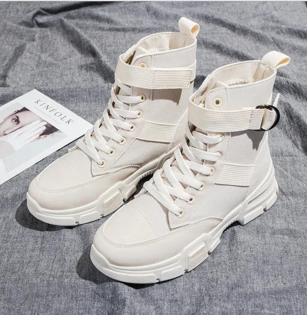 New Women Girl Martin Snow Boots Boots Korean British Style Woman Leather Sneakers Casual High Top Women's Boot Trend A112
