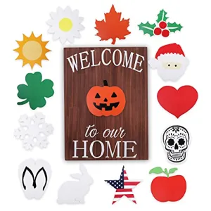 Onyx Haus Interchangeable Welcome Sign for Front Door - Large Seasonal Welcome Sign Decoration, Holiday Door Decorations with 14 Unique Seasonal Pieces, Solid Wood Front Door Decor