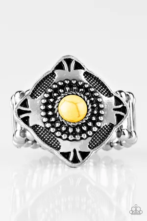 Paparazzi "Four Corners Fashion" Silver Tribal Yellow Crackle Stone Elastic Back Ring