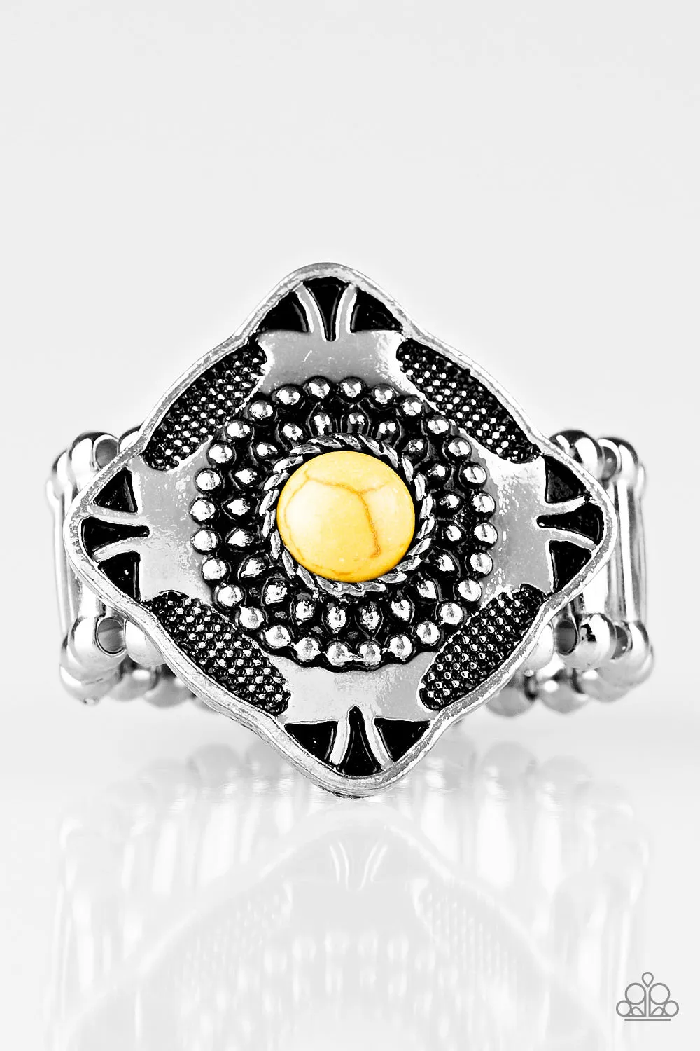 Paparazzi "Four Corners Fashion" Silver Tribal Yellow Crackle Stone Elastic Back Ring
