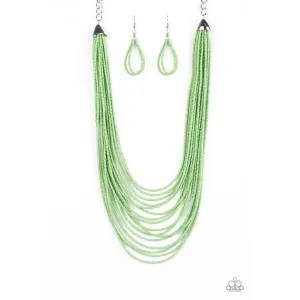 Paparazzi "Peacefully Pacific - Green" Layered Seed Beads Necklace & Earrings Set