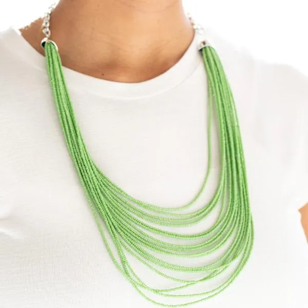Paparazzi "Peacefully Pacific - Green" Layered Seed Beads Necklace & Earrings Set