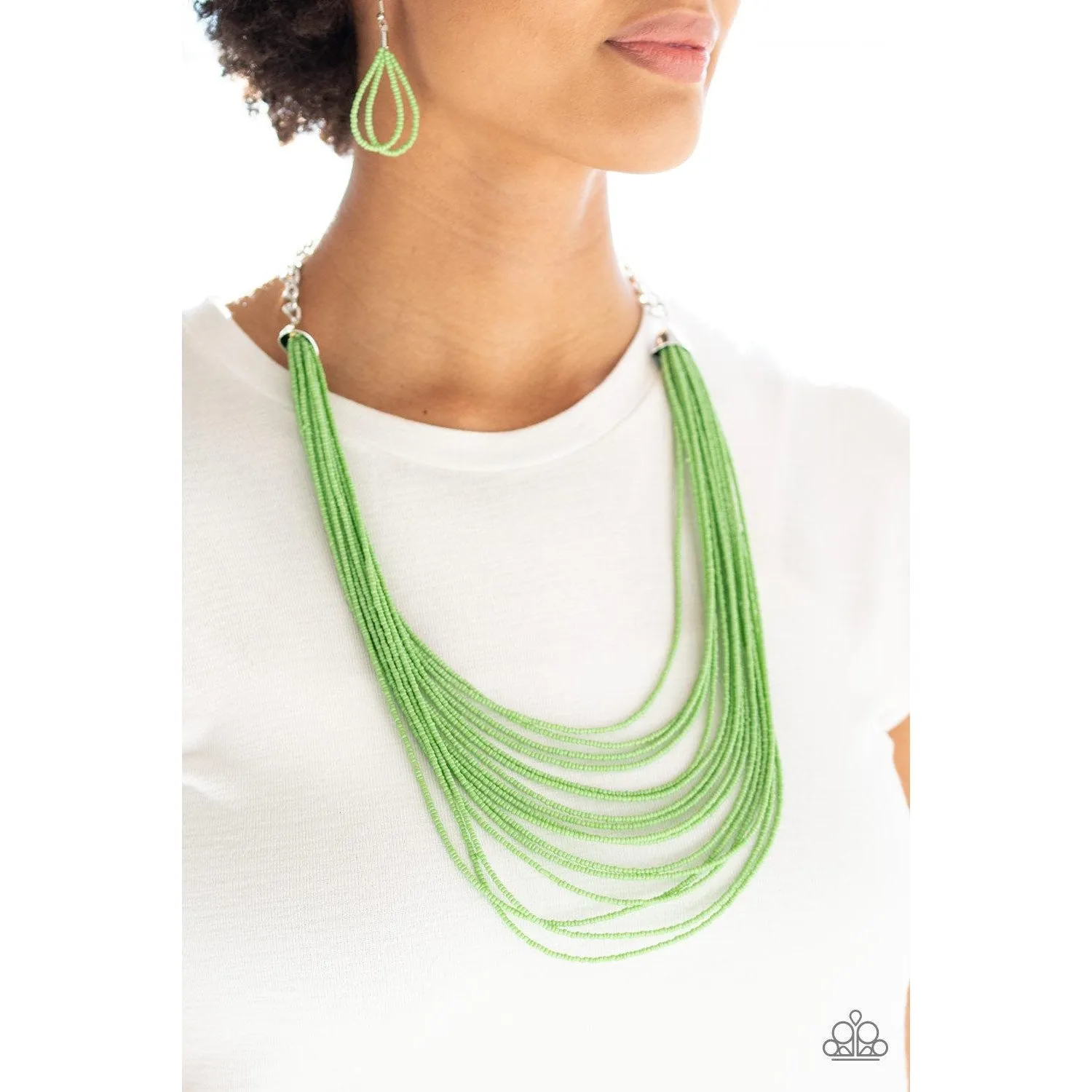 Paparazzi "Peacefully Pacific - Green" Layered Seed Beads Necklace & Earrings Set