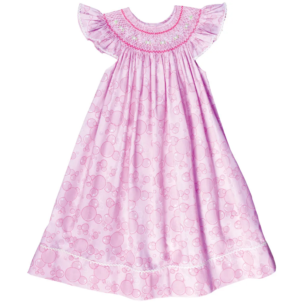 Pink Bubbles English Smocked Angel Sleeve Bishop w/RicRac