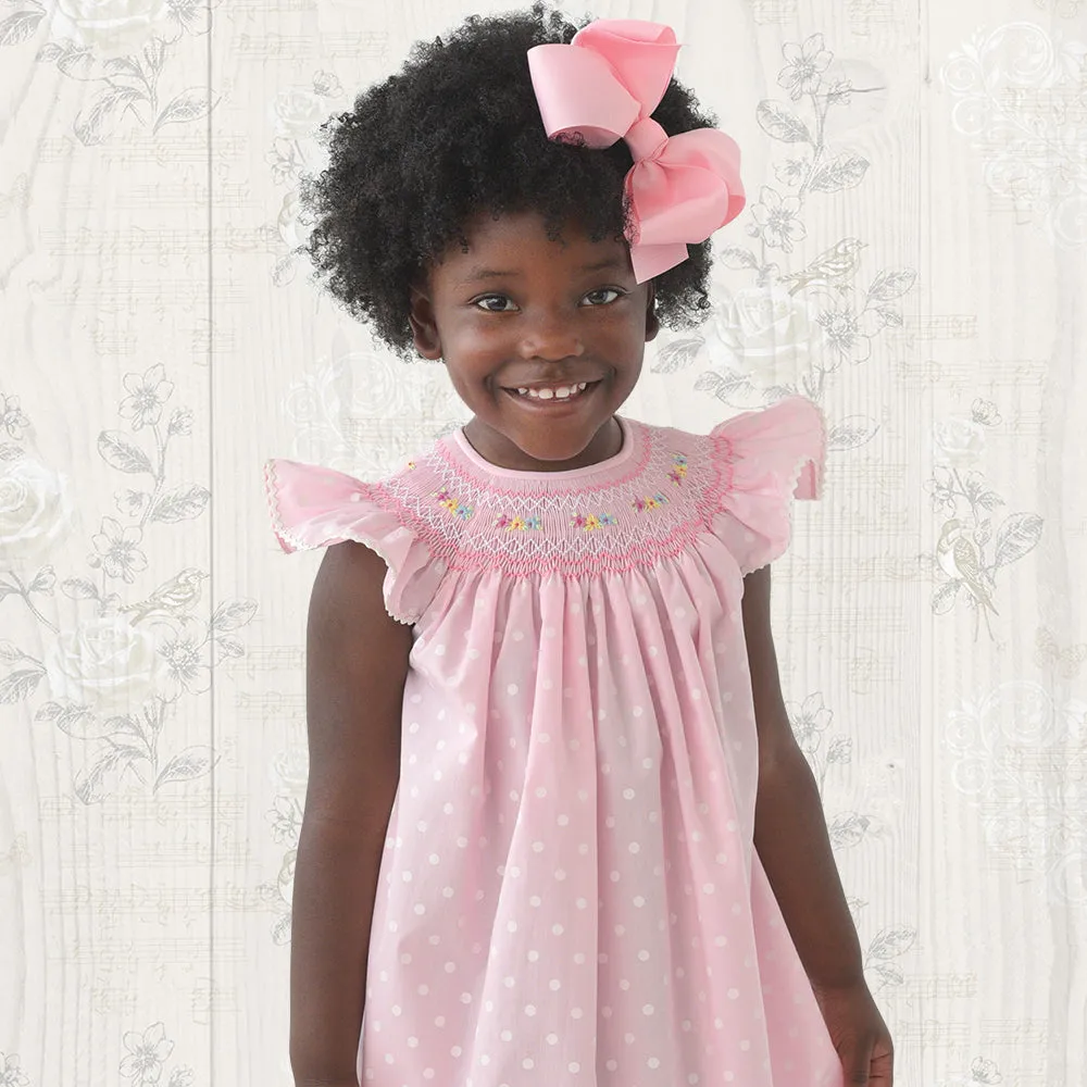 Pink Dotted English Smocked Bishop with RicRac