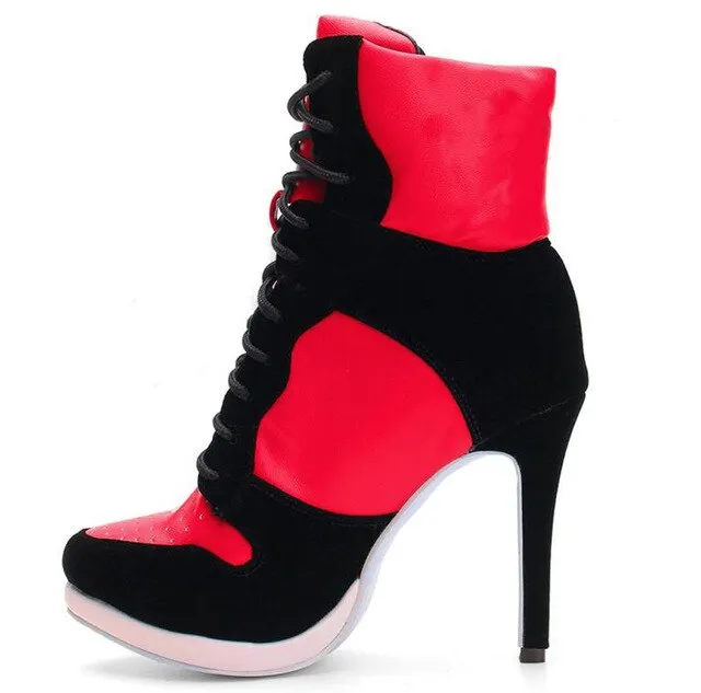 Plus Size 36-47 Lace Up Booties Ladies Round Toe Thin High Heels Shoes Woman Autumn Winter Party Ankle Boots Women