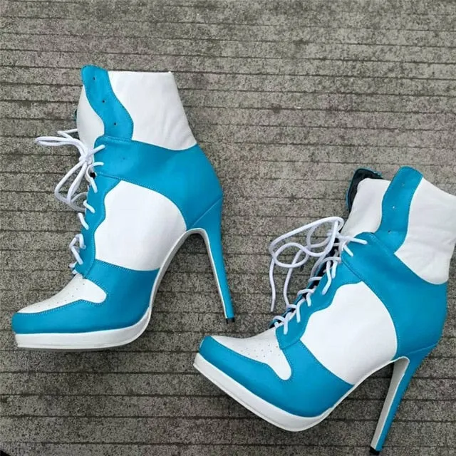 Plus Size 36-47 Lace Up Booties Ladies Round Toe Thin High Heels Shoes Woman Autumn Winter Party Ankle Boots Women