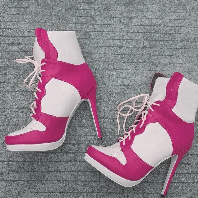 Plus Size 36-47 Lace Up Booties Ladies Round Toe Thin High Heels Shoes Woman Autumn Winter Party Ankle Boots Women