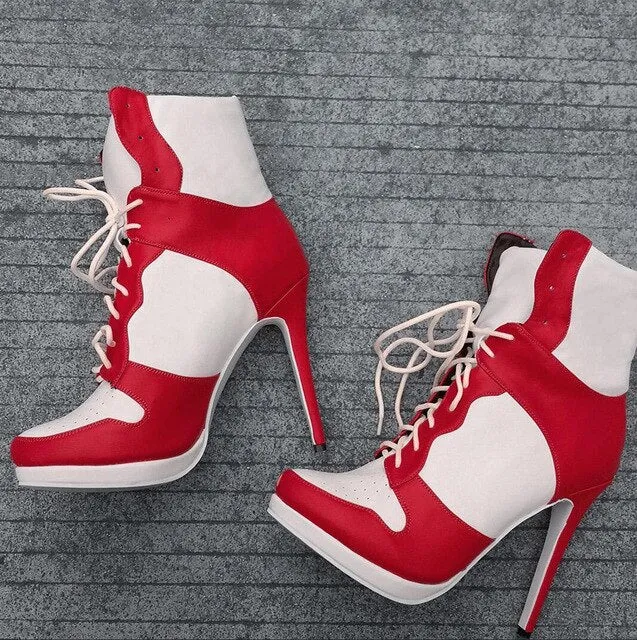 Plus Size 36-47 Lace Up Booties Ladies Round Toe Thin High Heels Shoes Woman Autumn Winter Party Ankle Boots Women
