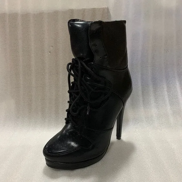 Plus Size 36-47 Lace Up Booties Ladies Round Toe Thin High Heels Shoes Woman Autumn Winter Party Ankle Boots Women