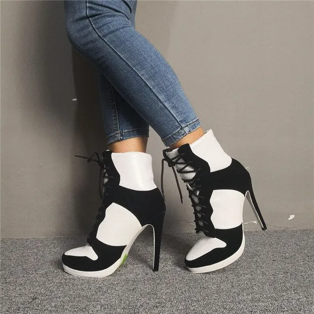 Plus Size 36-47 Lace Up Booties Ladies Round Toe Thin High Heels Shoes Woman Autumn Winter Party Ankle Boots Women