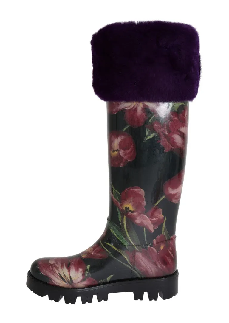 Purple Tulip Print Fur Rubber Rain Boots
