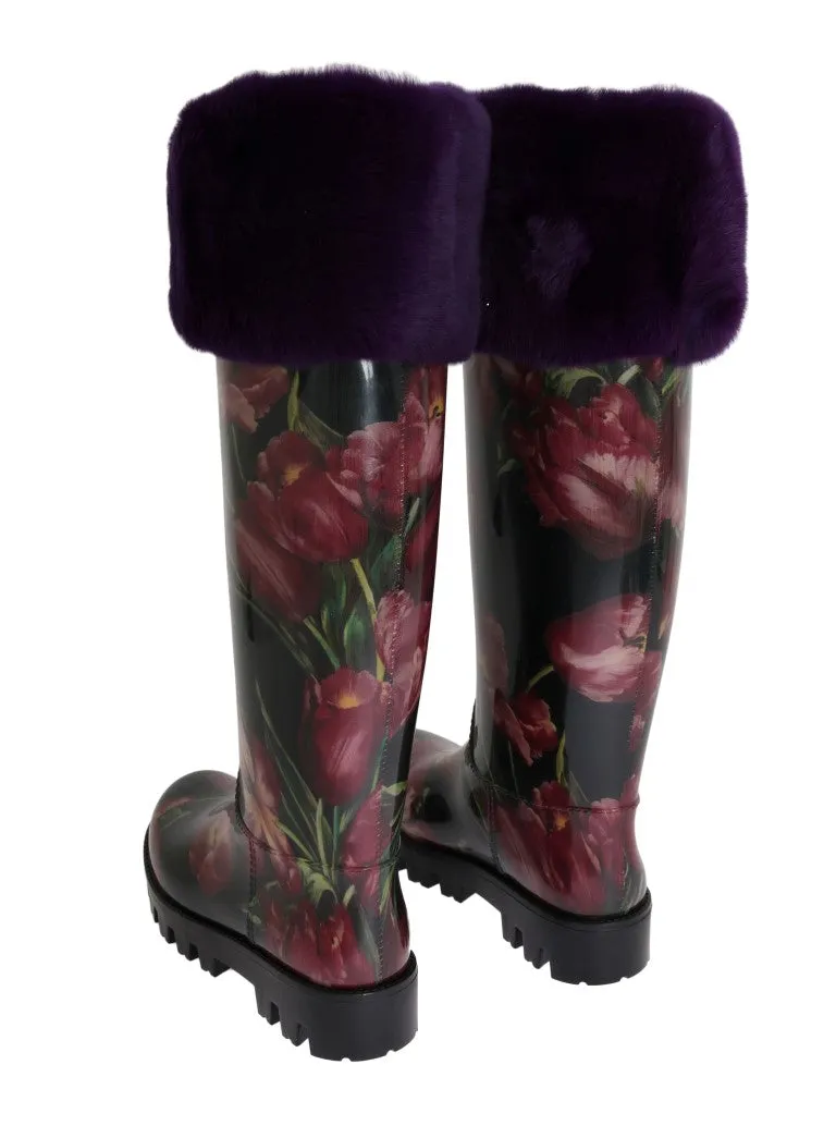 Purple Tulip Print Fur Rubber Rain Boots