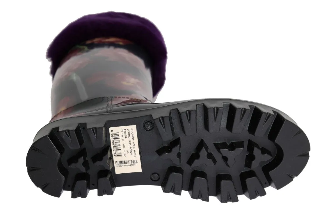 Purple Tulip Print Fur Rubber Rain Boots