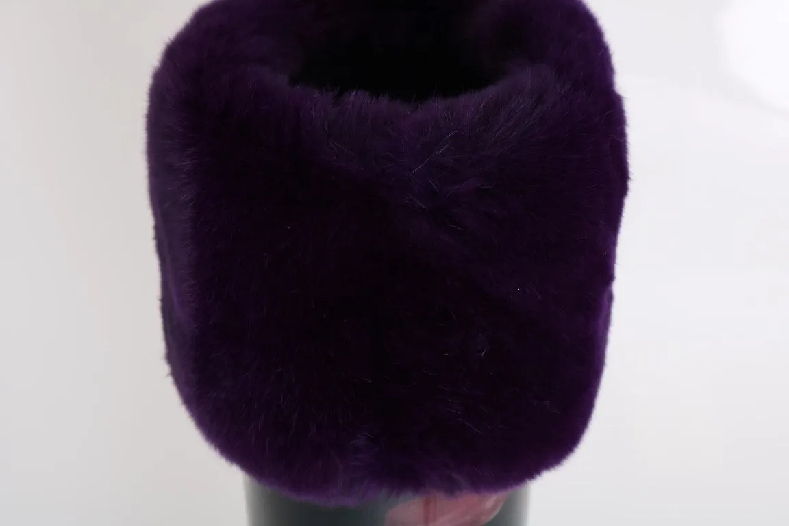 Purple Tulip Print Fur Rubber Rain Boots