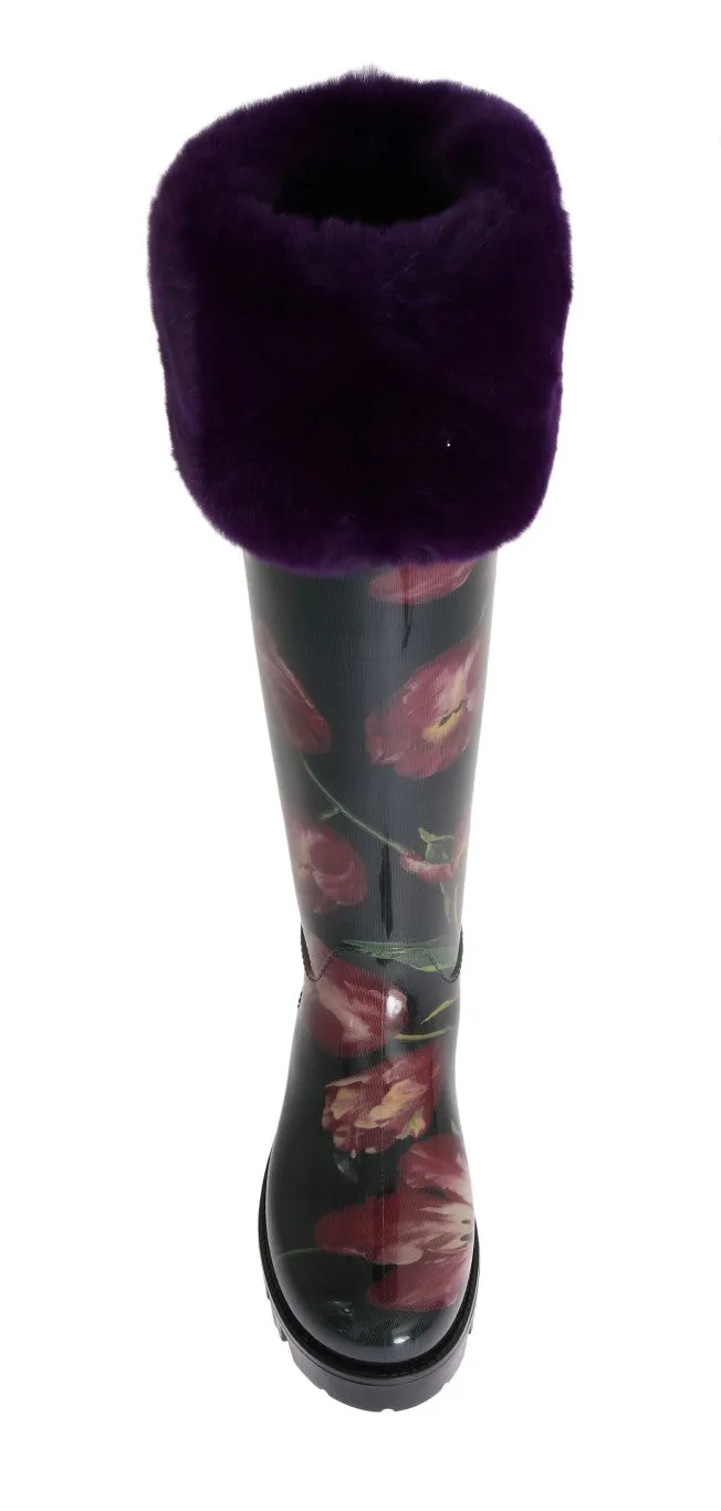 Purple Tulip Print Fur Rubber Rain Boots