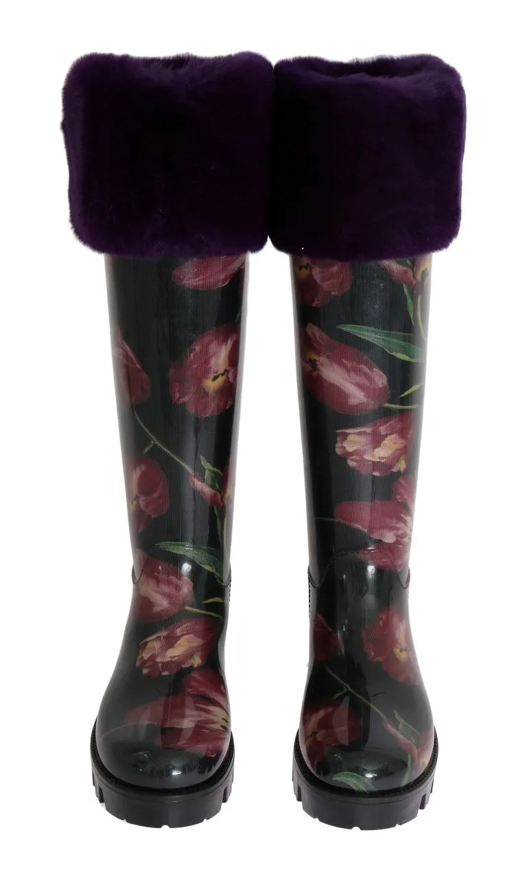 Purple Tulip Print Fur Rubber Rain Boots
