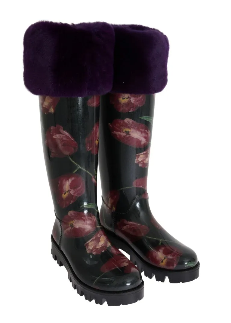 Purple Tulip Print Fur Rubber Rain Boots