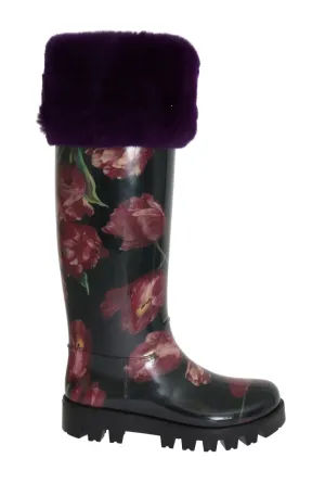 Purple Tulip Print Fur Rubber Rain Boots