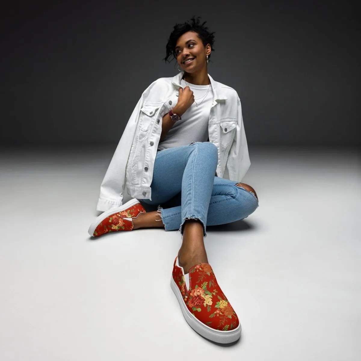 Red Floral Women’s Slip-On Shoes