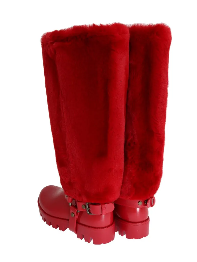 Red Rubber Lapin Fur Rain Boots