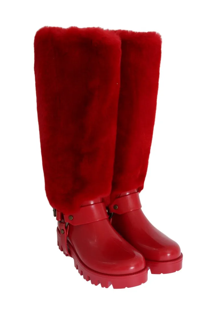 Red Rubber Lapin Fur Rain Boots