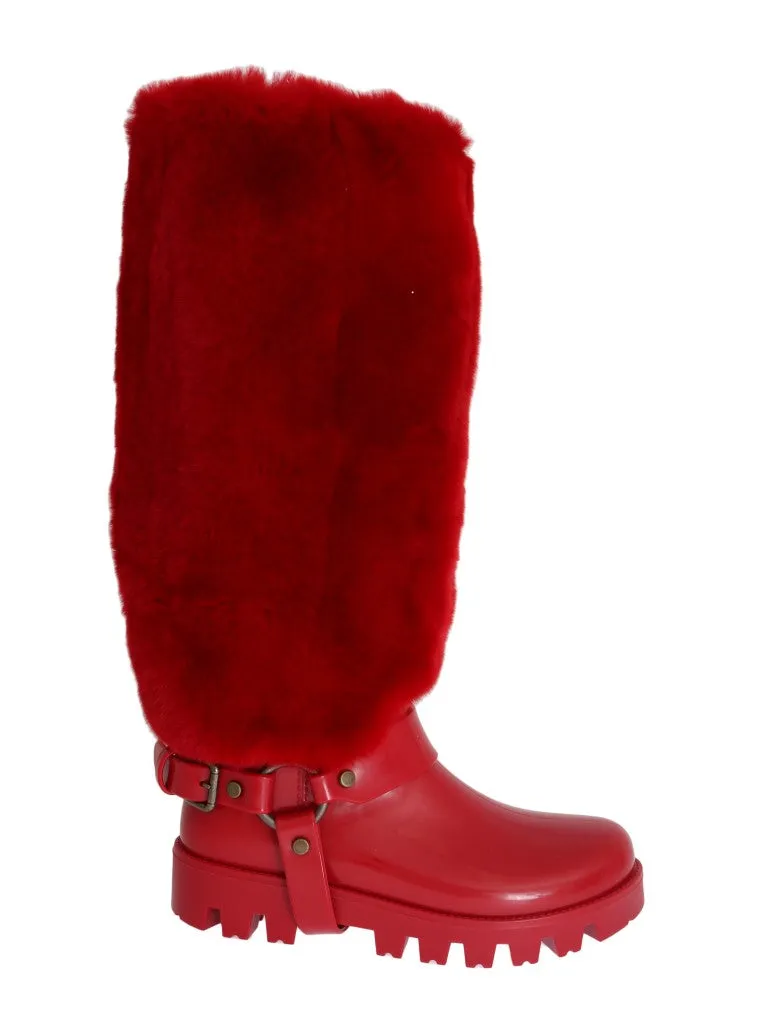 Red Rubber Lapin Fur Rain Boots