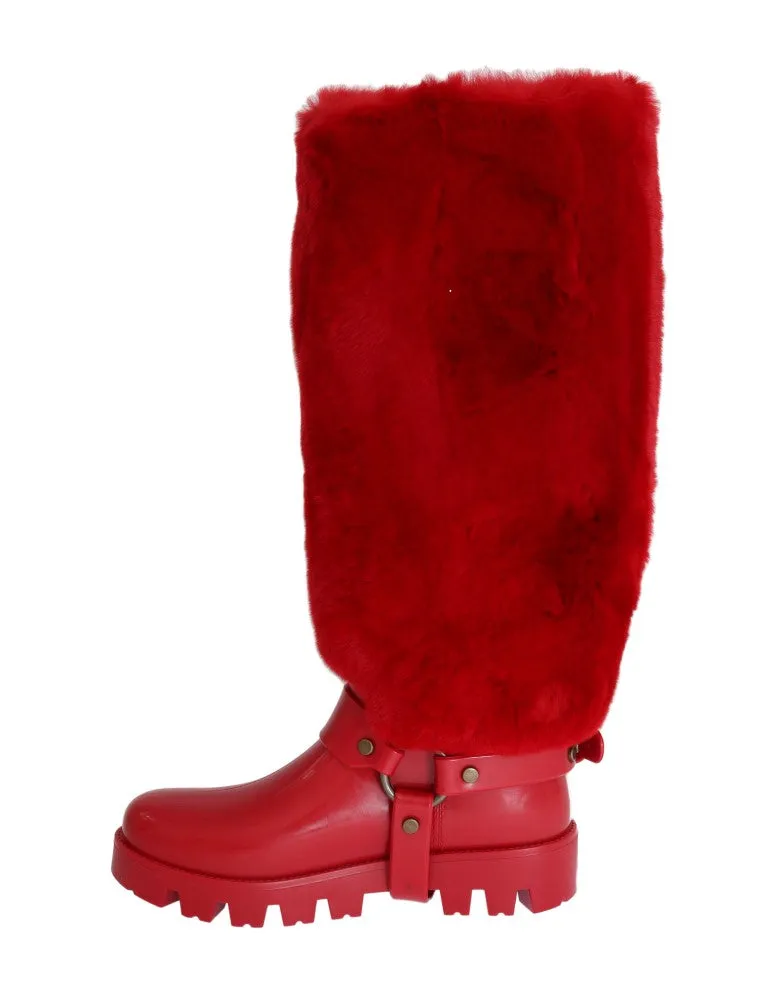 Red Rubber Lapin Fur Rain Boots