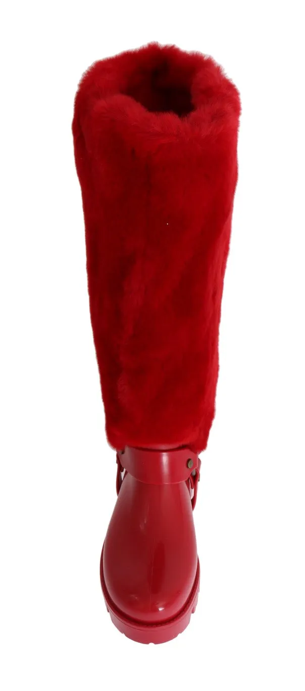 Red Rubber Lapin Fur Rain Boots