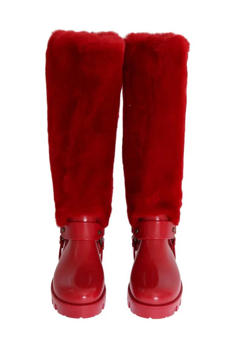 Red Rubber Lapin Fur Rain Boots