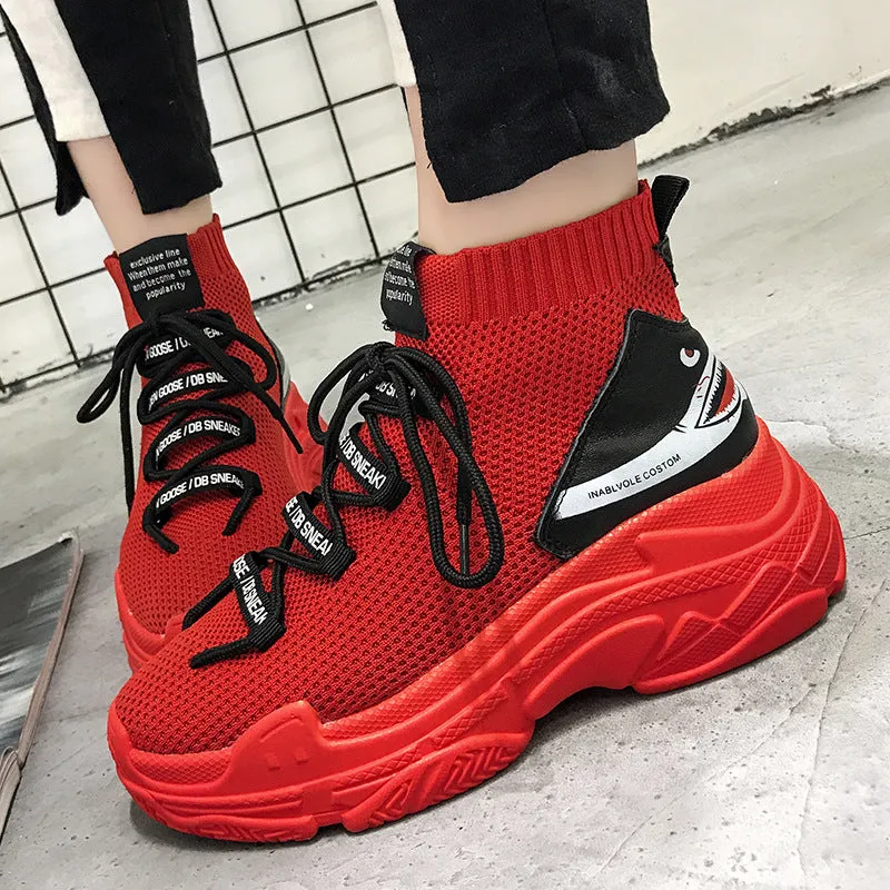 Red Shark Sneakers Women Men High Top Breathable Flat Platform Shoes Women Casual Socks Shoes Chunky Sneakers Men And Women