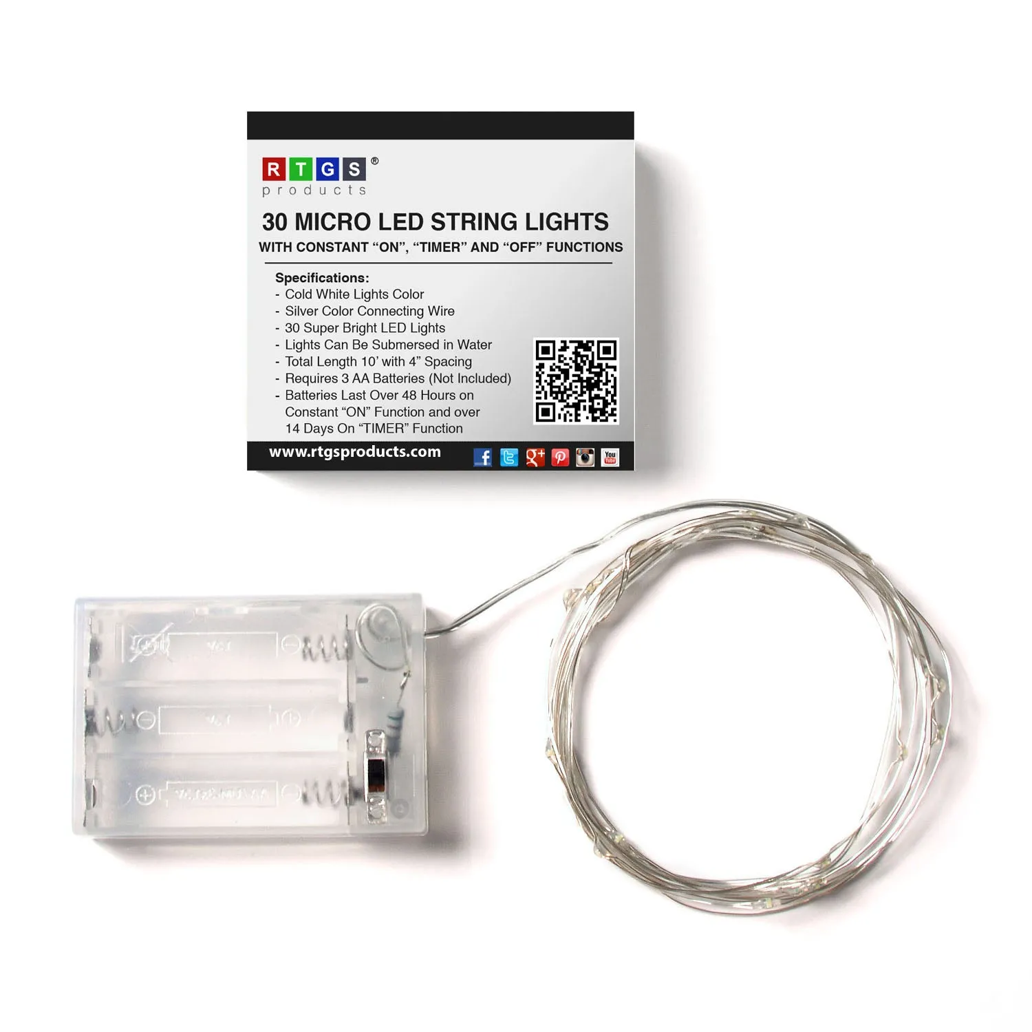 RTGS 30 Cold White Color LED String Lights Batteries Operated on 9.5 Feet Silver Color Wire with Timer