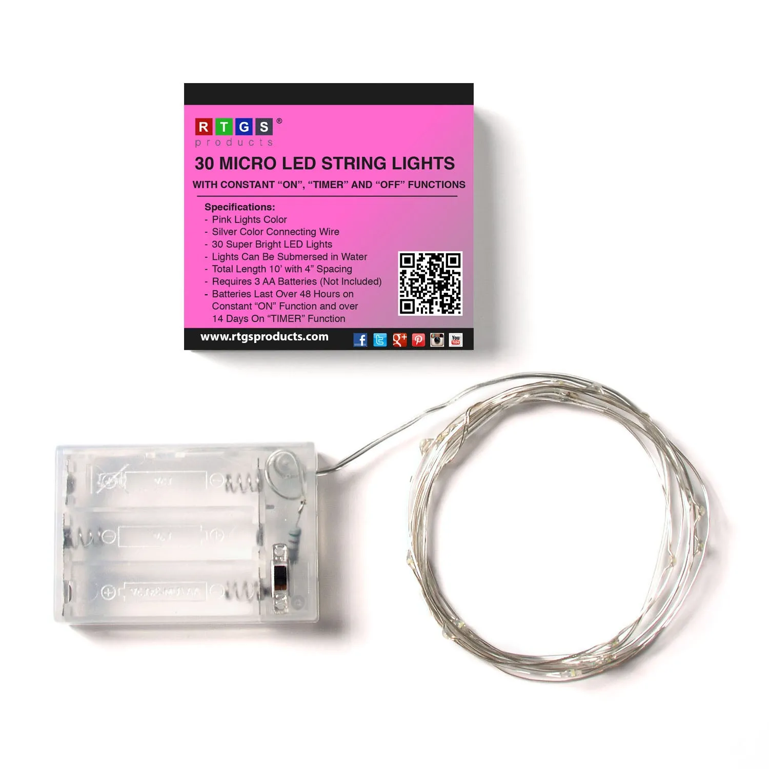 RTGS 30 Pink Color LED String Lights Batteries Operated on 9.5 Feet Silver Color Wire with Timer